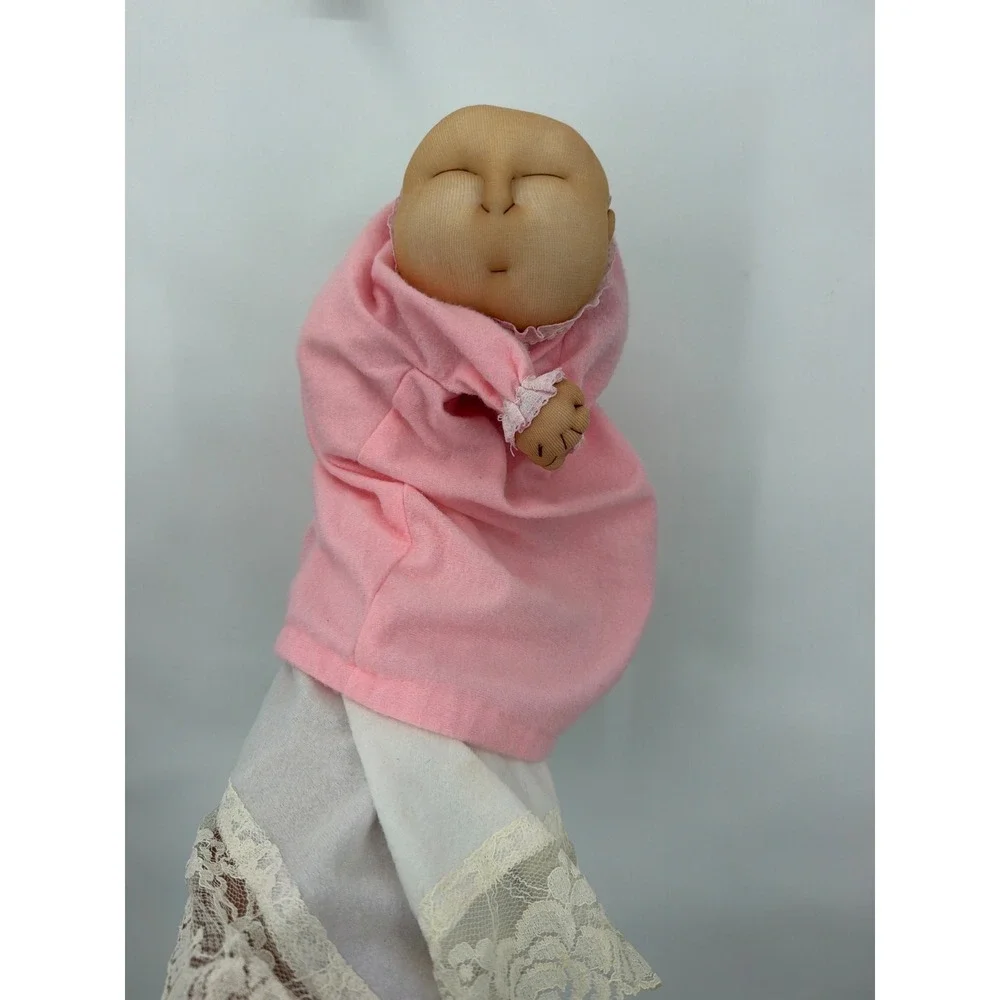 Vintage Soft Sculpture Sleeping Baby Hand Puppet Pink Fleece Lace Handkerchief